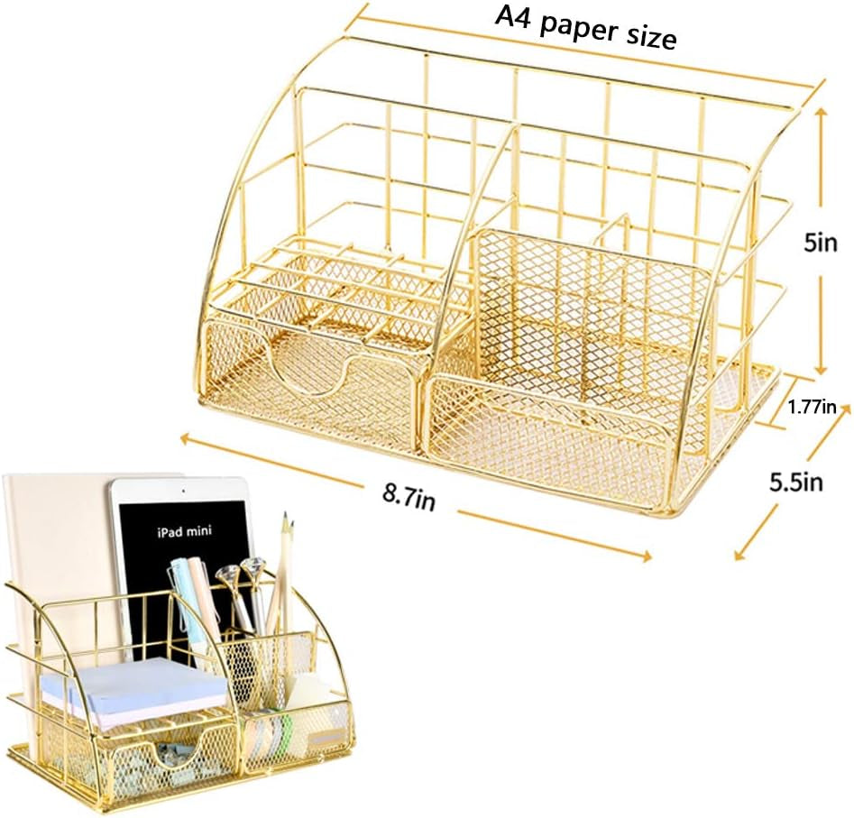 Gold Desk Organizer, Mesh Office Supplies Desk Accessories, Features 5 Compartments + 1 Mini Sliding Drawer