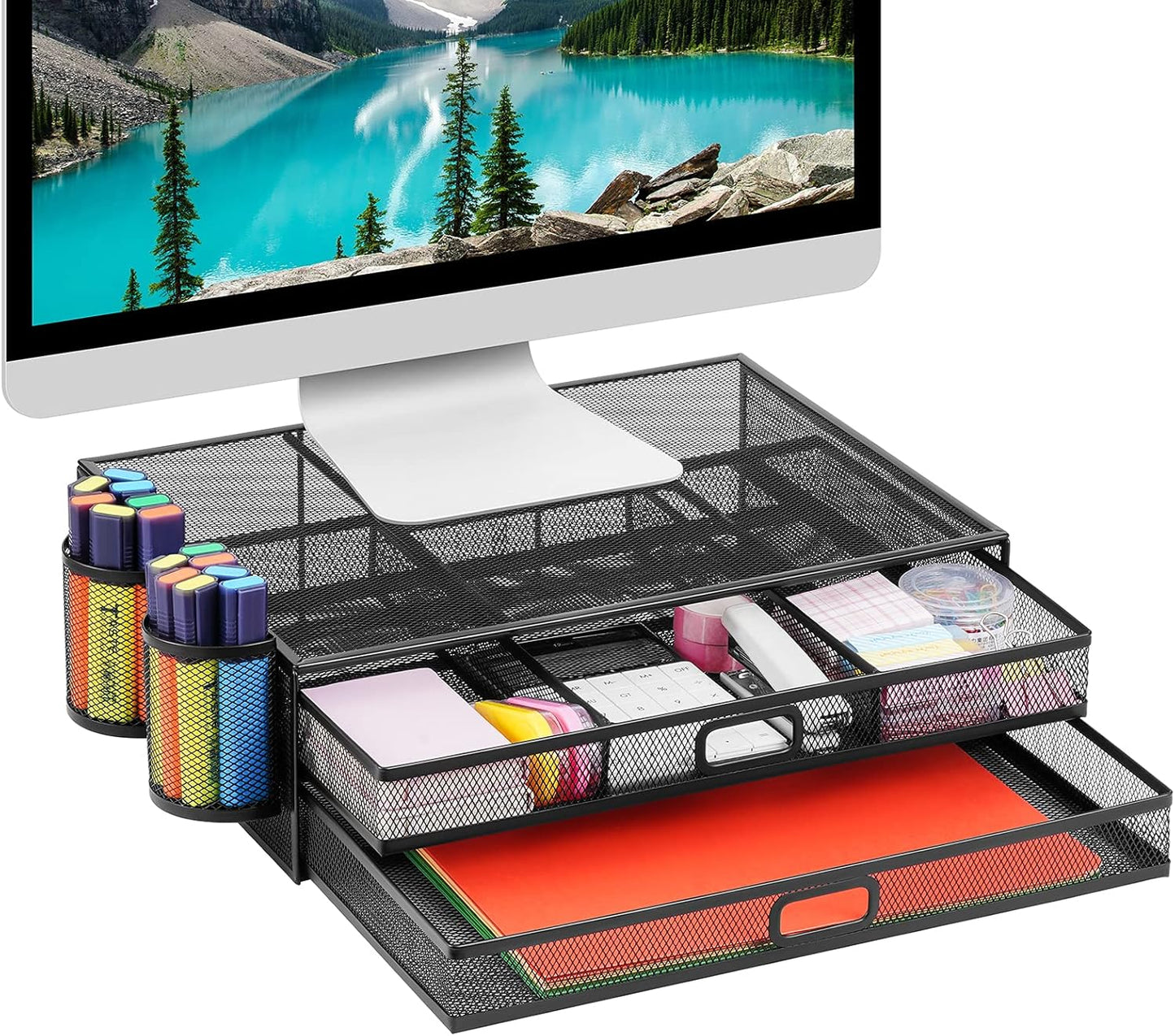 Monitor Stand with Drawer | Monitor Riser with Drawers and 2 Magnetic Pen Holder | Black Mesh Metal Desk Organizer for Computer, PC, Laptop, Printer, Notebook, Imac (Set of 3)