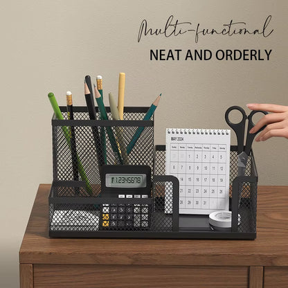 Mesh Desk Organizer Office Supplies Caddy with Pencil Holder and Storage Baskets for Desktop Accessories, 3 Compartments, Black