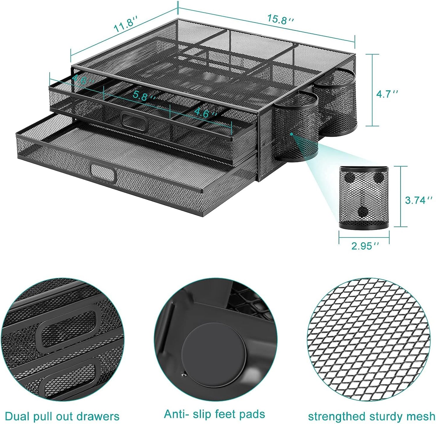 Monitor Stand with Drawer | Monitor Riser with Drawers and 2 Magnetic Pen Holder | Black Mesh Metal Desk Organizer for Computer, PC, Laptop, Printer, Notebook, Imac (Set of 3)