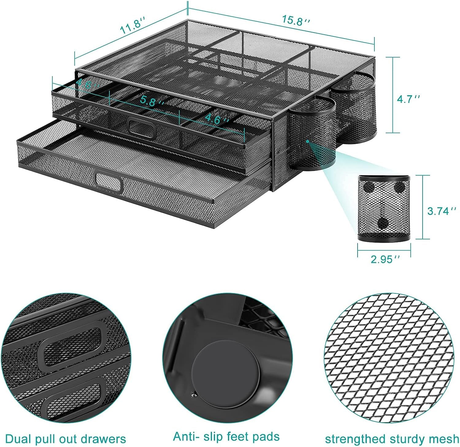 Monitor Stand with Drawer | Monitor Riser with Drawers and 2 Magnetic Pen Holder | Black Mesh Metal Desk Organizer for Computer, PC, Laptop, Printer, Notebook, Imac (Set of 3)