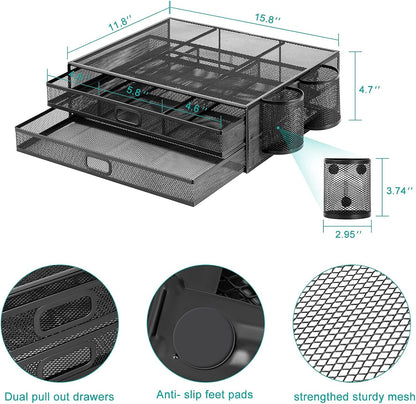 Monitor Stand with Drawer | Monitor Riser with Drawers and 2 Magnetic Pen Holder | Black Mesh Metal Desk Organizer for Computer, PC, Laptop, Printer, Notebook, Imac (Set of 3)