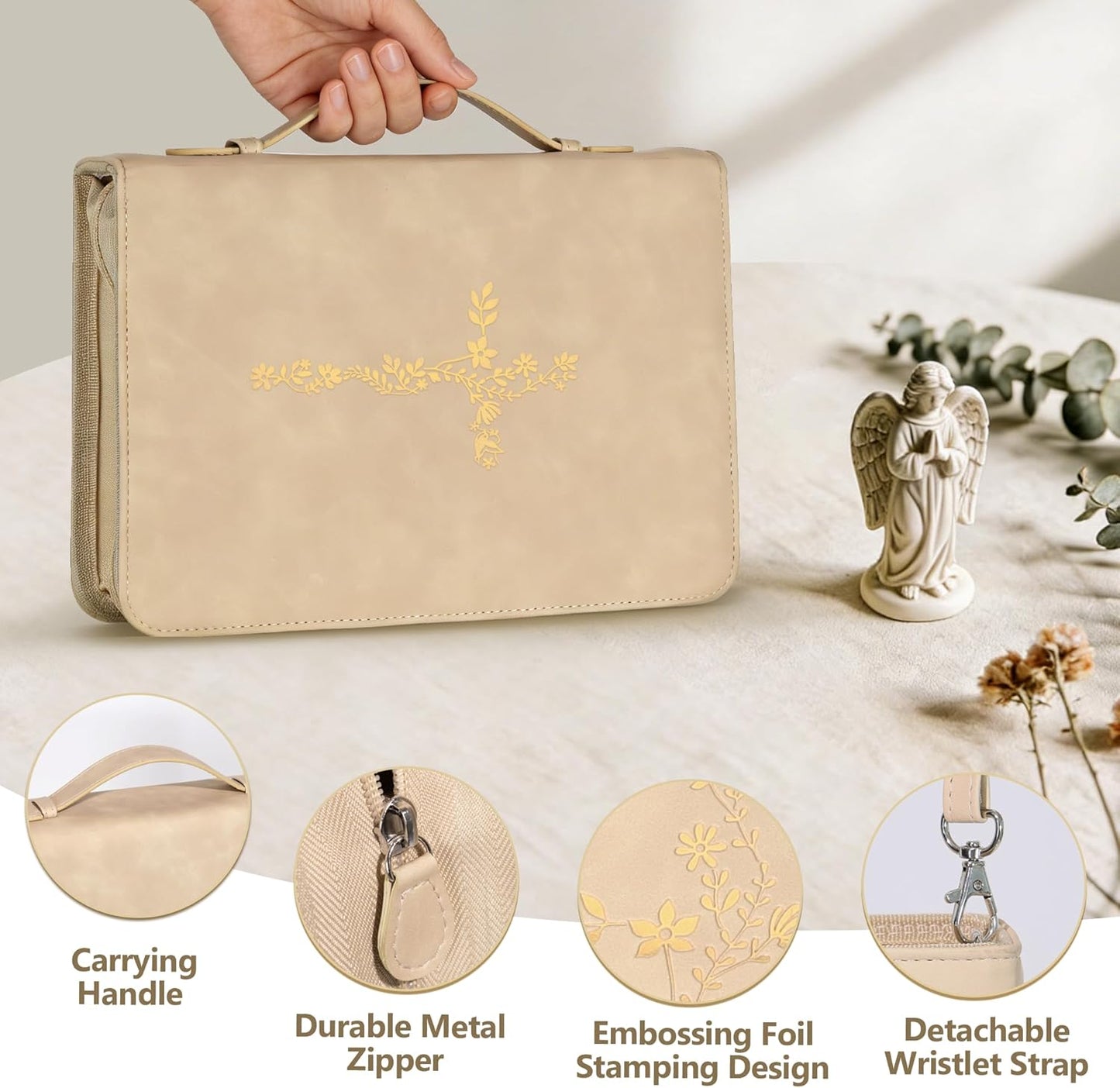 Large Bible Cover Case for Women, PU Leather Bible Bag with Zipper & Handle, Includes Bible Study Supplies, Highlighters and Tabs, Christian Gift for Women, Girls, Teens (Beige/Gold)