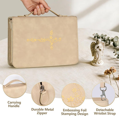 Large Bible Cover Case for Women, PU Leather Bible Bag with Zipper & Handle, Includes Bible Study Supplies, Highlighters and Tabs, Christian Gift for Women, Girls, Teens (Beige/Gold)