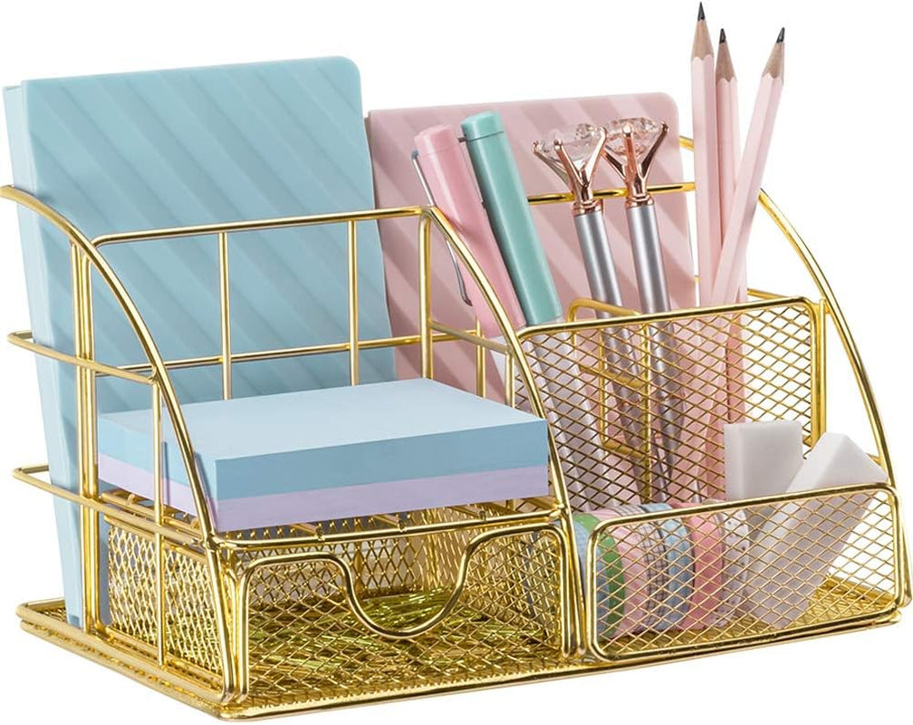 Gold Desk Organizer, Mesh Office Supplies Desk Accessories, Features 5 Compartments + 1 Mini Sliding Drawer