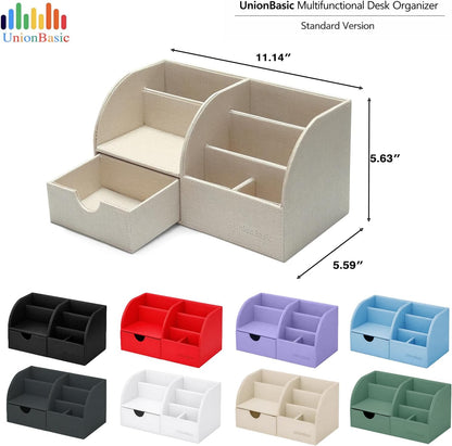 Desk Organizer - Multifunctional Leather Desktop Pen Holder Storage Box - Business Card/Pen/Pencil/Mobile Phone/Stationery Holder, Beige