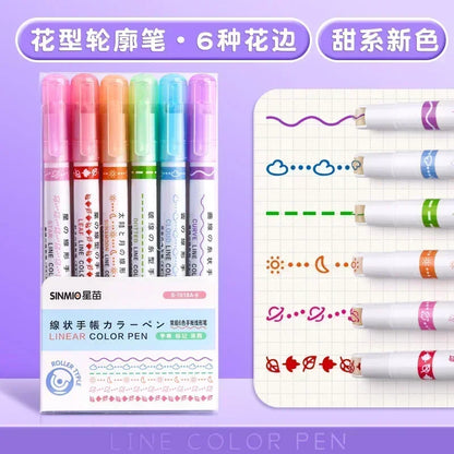 6 PCS Kawaii Flowers Line Shaped Highlighter Pens Roller Tip Curve Liner Marker for Writing Journaling Drawing Stationery