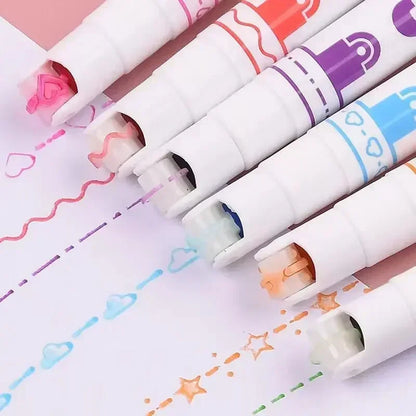 6 PCS Kawaii Flowers Line Shaped Highlighter Pens Roller Tip Curve Liner Marker for Writing Journaling Drawing Stationery