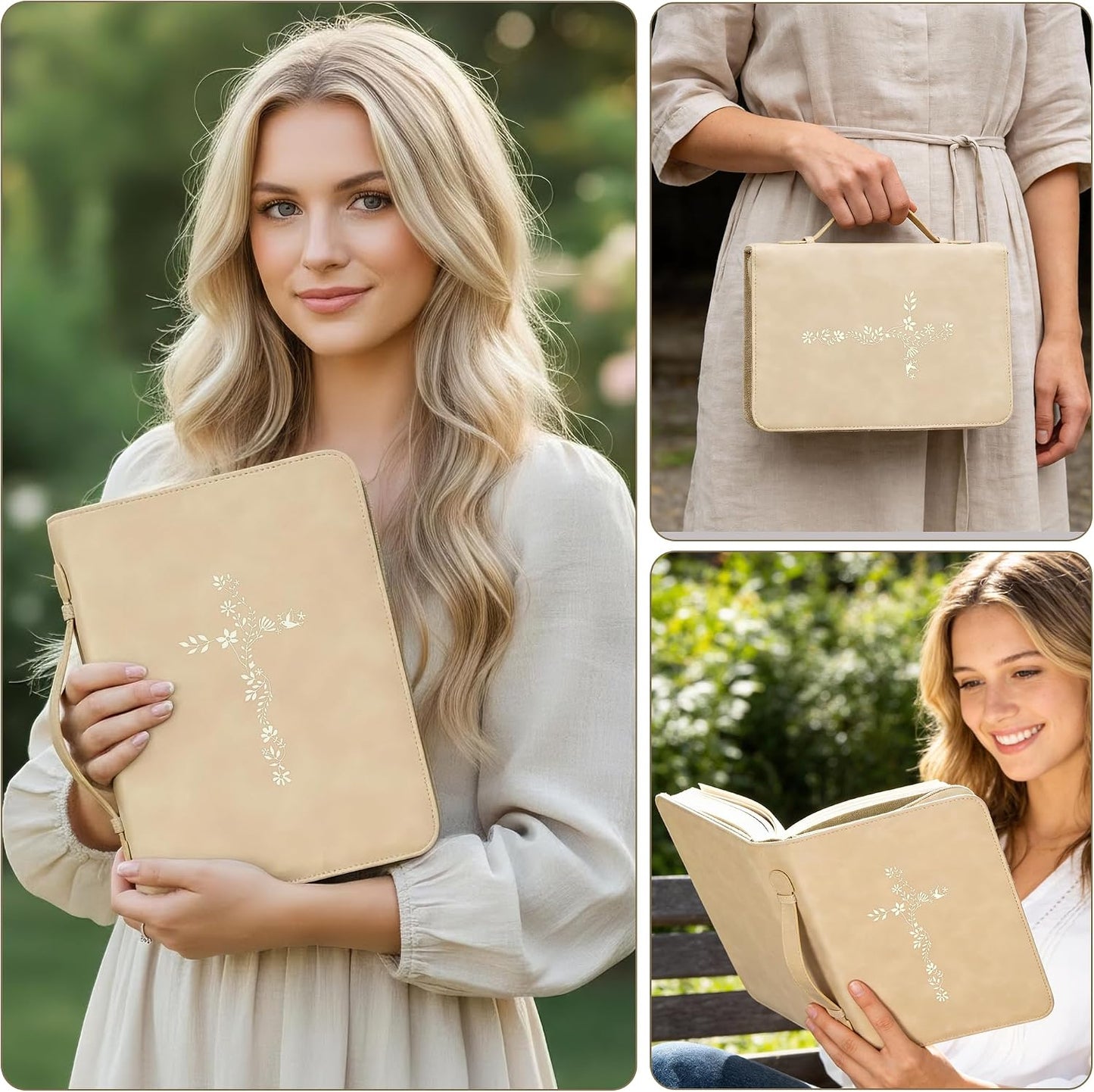 Large Bible Cover Case for Women, PU Leather Bible Bag with Zipper & Handle, Includes Bible Study Supplies, Highlighters and Tabs, Christian Gift for Women, Girls, Teens (Beige/Gold)