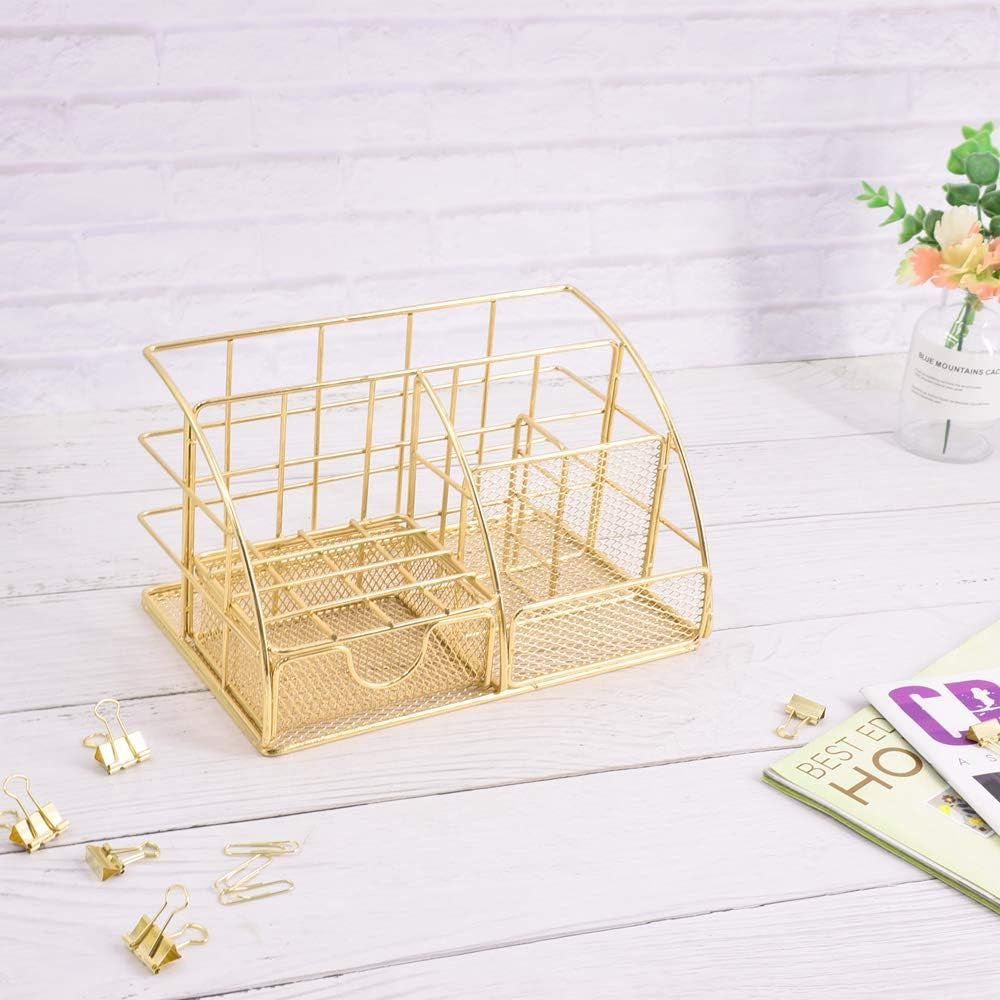 Gold Desk Organizer, Mesh Office Supplies Desk Accessories, Features 5 Compartments + 1 Mini Sliding Drawer