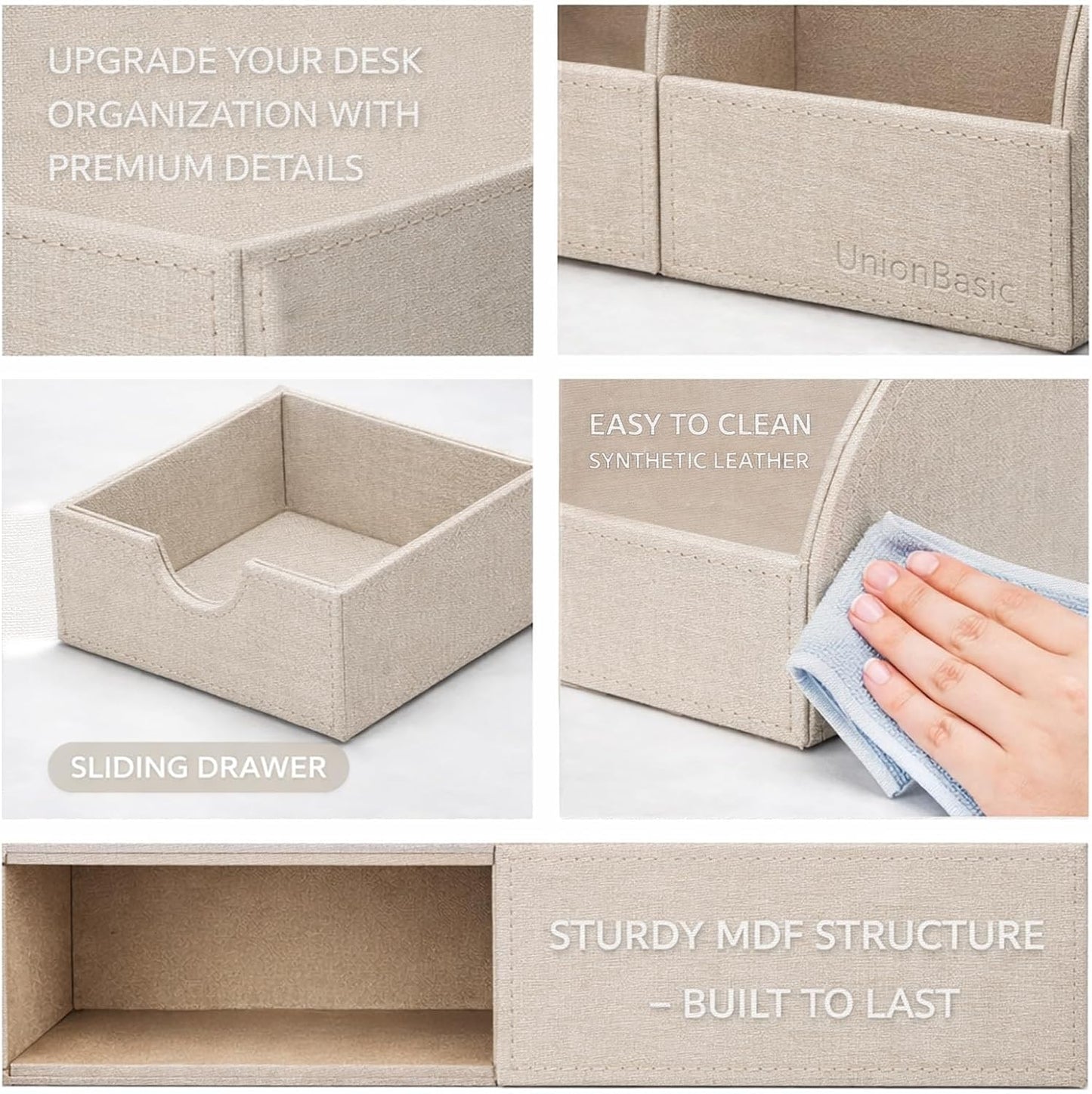 Desk Organizer - Multifunctional Leather Desktop Pen Holder Storage Box - Business Card/Pen/Pencil/Mobile Phone/Stationery Holder, Beige
