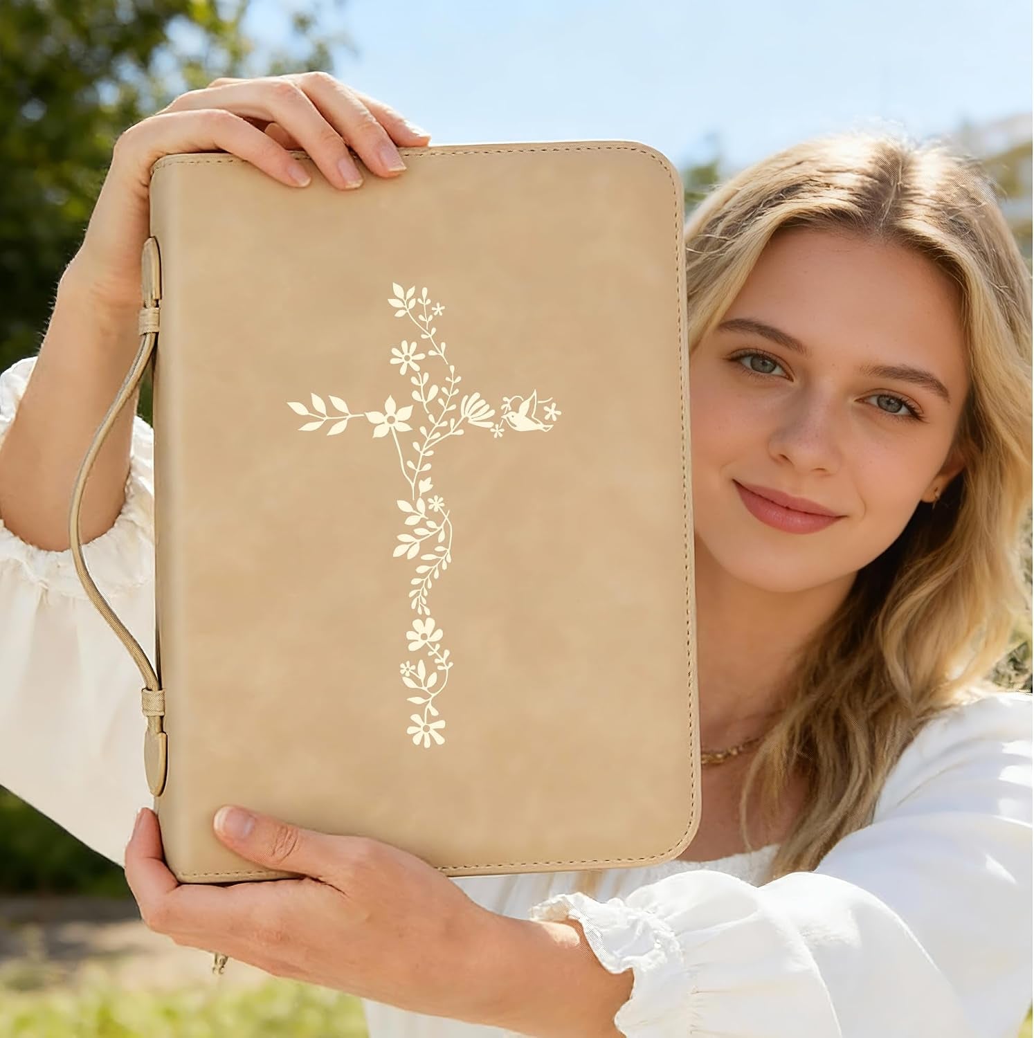 Large Bible Cover Case for Women, PU Leather Bible Bag with Zipper & Handle, Includes Bible Study Supplies, Highlighters and Tabs, Christian Gift for Women, Girls, Teens (Beige/Gold)