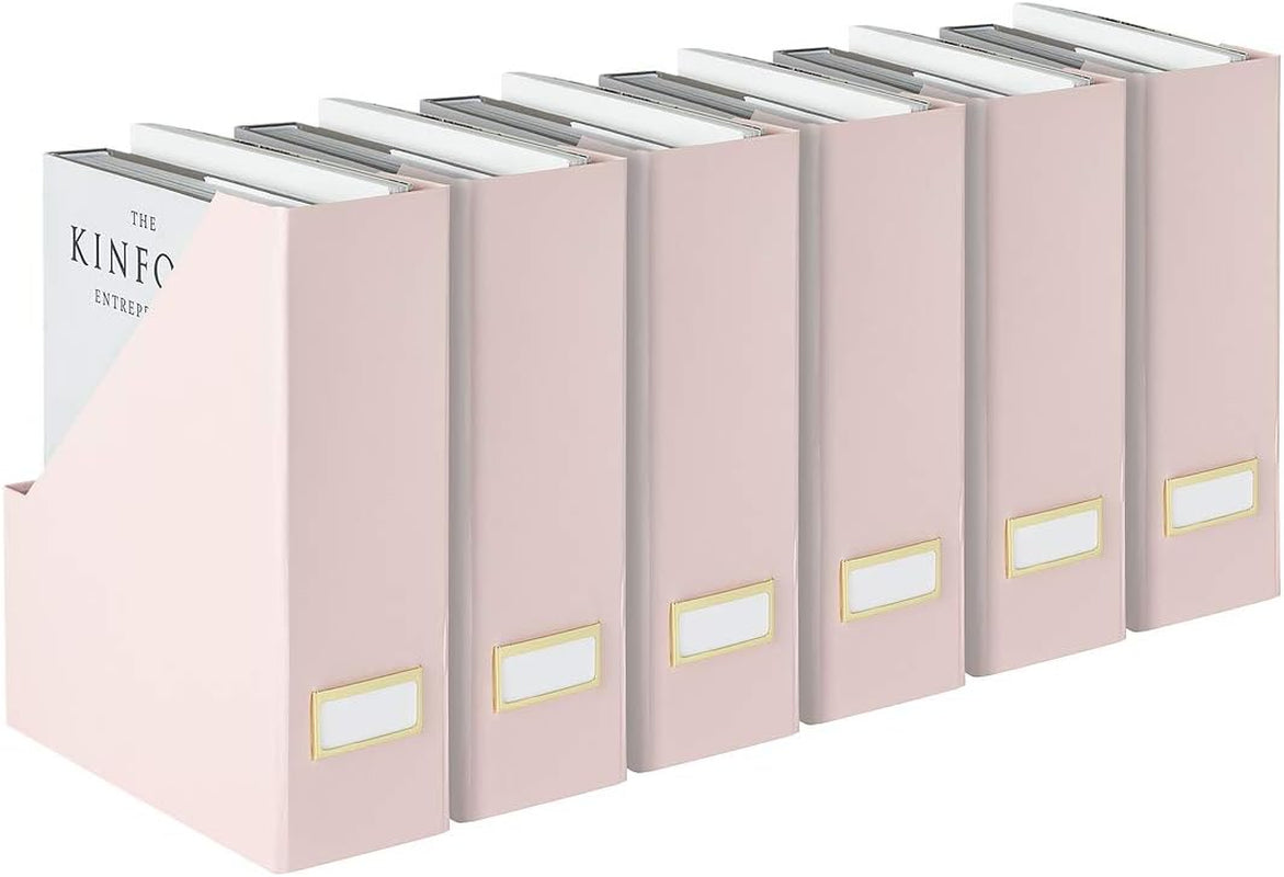 | Cardboard Magazine File Holder Set of 6 Pink | Vertical Magazine File Holder with Gold Label Slots | Standing File Holder and Cardboard Bins for Shelves Desk Storage