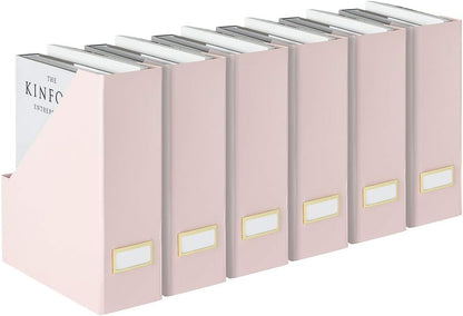| Cardboard Magazine File Holder Set of 6 Pink | Vertical Magazine File Holder with Gold Label Slots | Standing File Holder and Cardboard Bins for Shelves Desk Storage