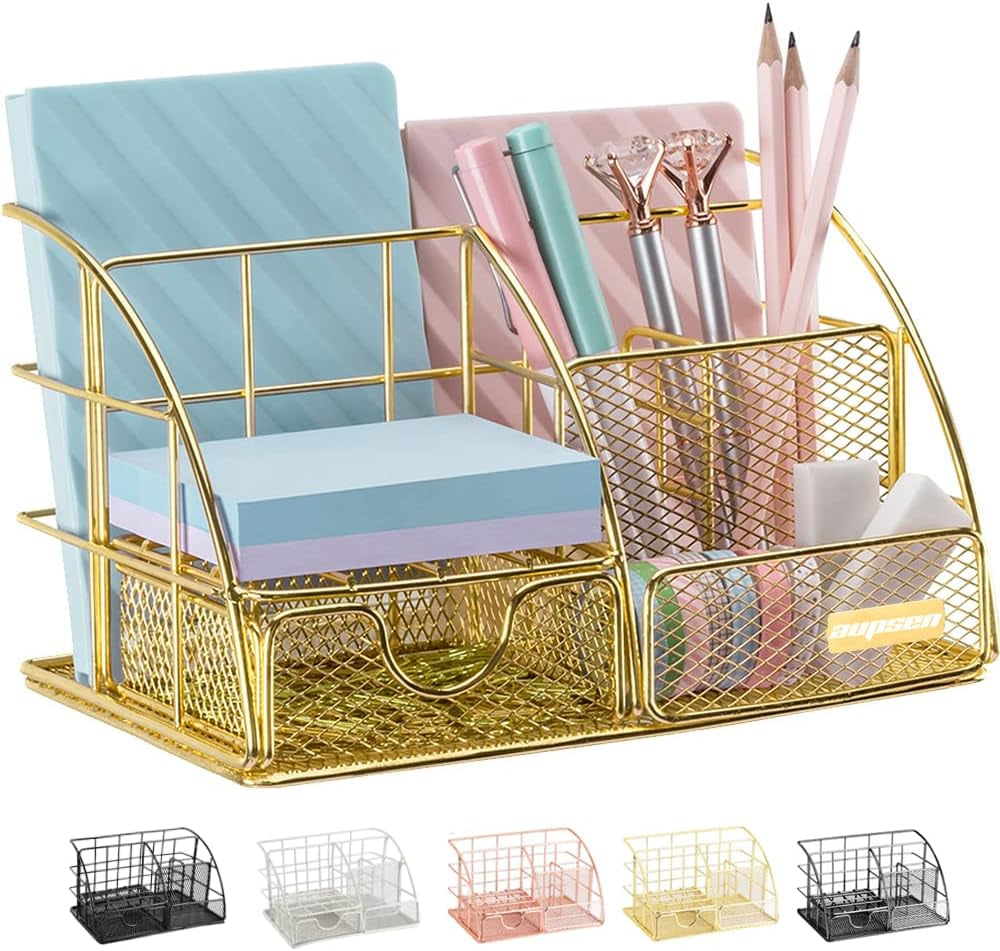 Gold Desk Organizer, Mesh Office Supplies Desk Accessories, Features 5 Compartments + 1 Mini Sliding Drawer