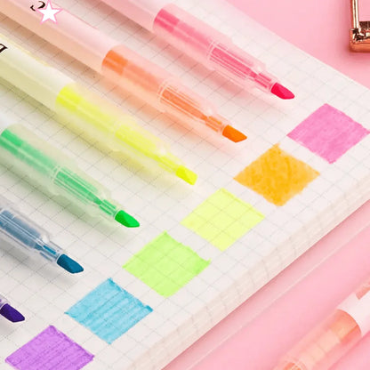 6Colors Dual-Ended Marker Highlighters, for Students Study Noting, School Stationery Supplies.