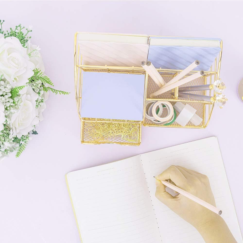 Gold Desk Organizer, Mesh Office Supplies Desk Accessories, Features 5 Compartments + 1 Mini Sliding Drawer