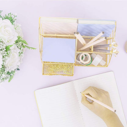 Gold Desk Organizer, Mesh Office Supplies Desk Accessories, Features 5 Compartments + 1 Mini Sliding Drawer