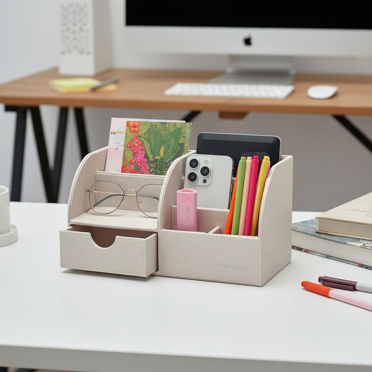 Desk Organizer - Multifunctional Leather Desktop Pen Holder Storage Box - Business Card/Pen/Pencil/Mobile Phone/Stationery Holder, Beige