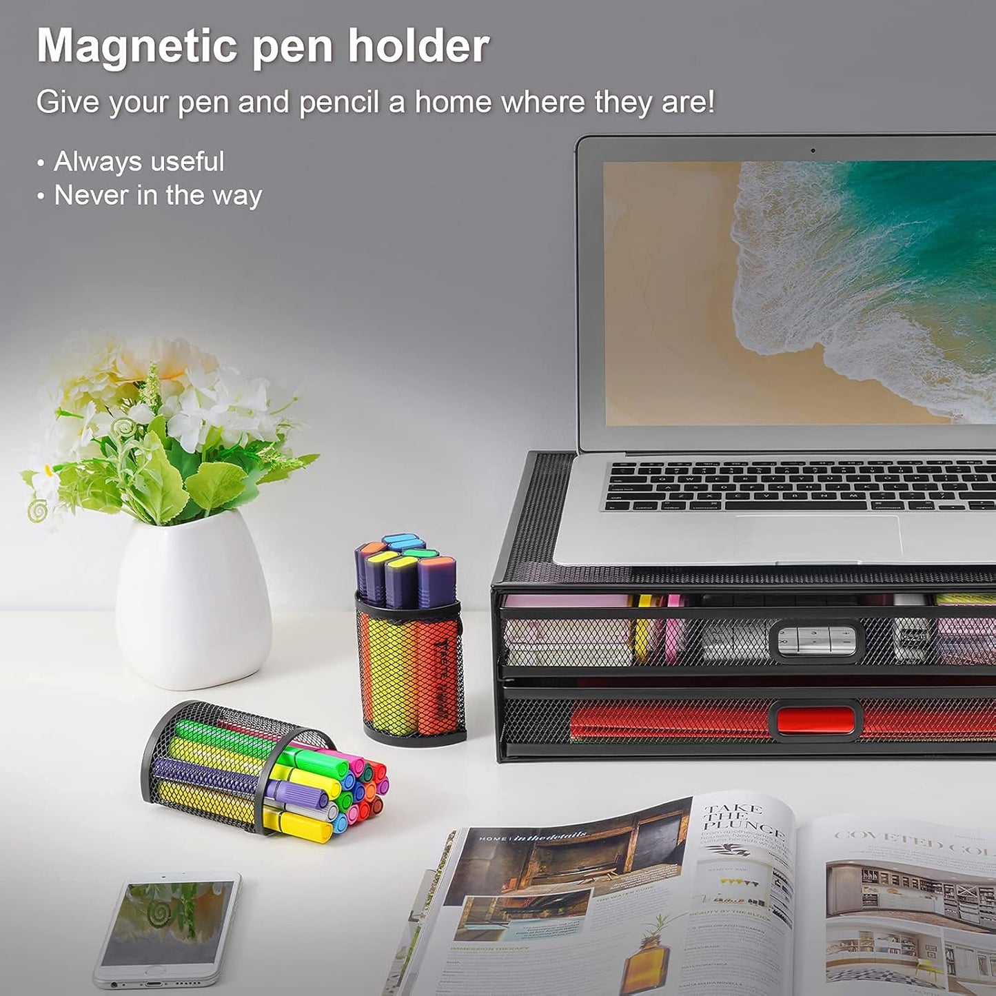 Monitor Stand with Drawer | Monitor Riser with Drawers and 2 Magnetic Pen Holder | Black Mesh Metal Desk Organizer for Computer, PC, Laptop, Printer, Notebook, Imac (Set of 3)