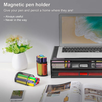Monitor Stand with Drawer | Monitor Riser with Drawers and 2 Magnetic Pen Holder | Black Mesh Metal Desk Organizer for Computer, PC, Laptop, Printer, Notebook, Imac (Set of 3)