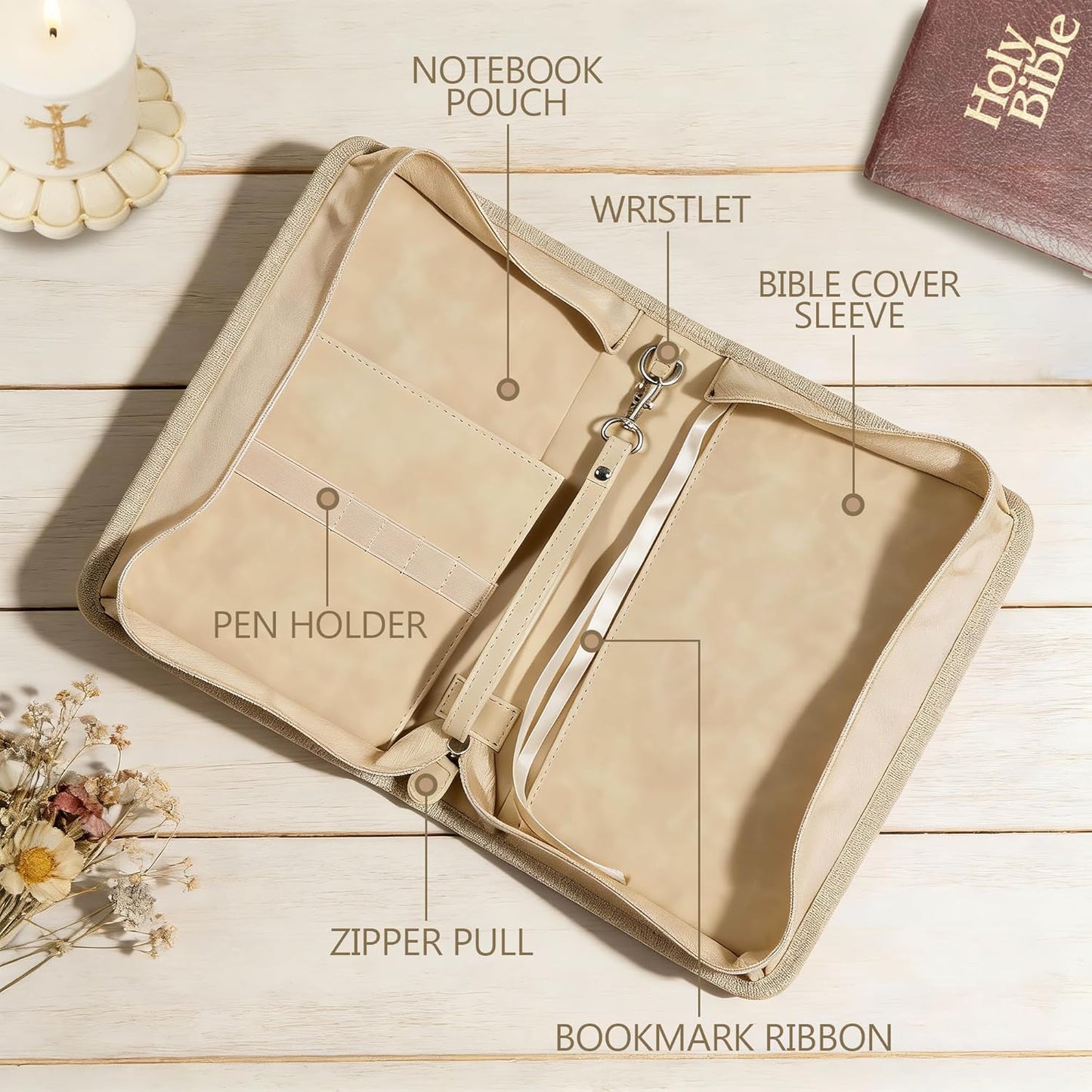 Large Bible Cover Case for Women, PU Leather Bible Bag with Zipper & Handle, Includes Bible Study Supplies, Highlighters and Tabs, Christian Gift for Women, Girls, Teens (Beige/Gold)