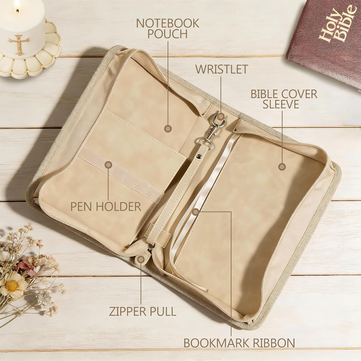 Large Bible Cover Case for Women, PU Leather Bible Bag with Zipper & Handle, Includes Bible Study Supplies, Highlighters and Tabs, Christian Gift for Women, Girls, Teens (Beige/Gold)
