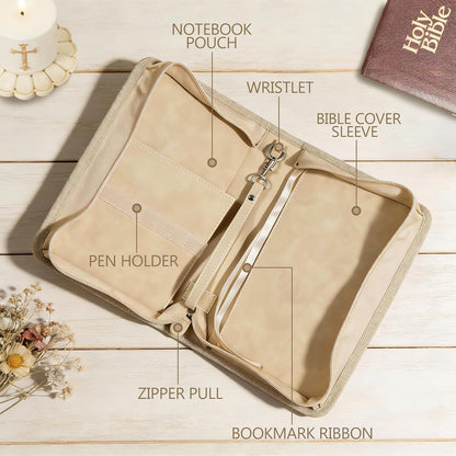 Large Bible Cover Case for Women, PU Leather Bible Bag with Zipper & Handle, Includes Bible Study Supplies, Highlighters and Tabs, Christian Gift for Women, Girls, Teens (Beige/Gold)