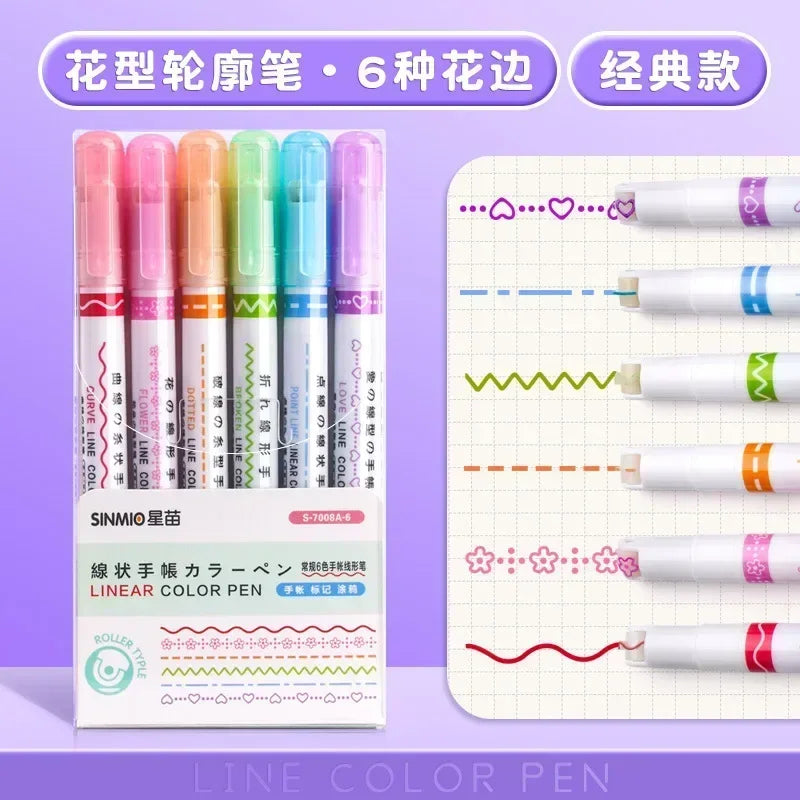 6 PCS Kawaii Flowers Line Shaped Highlighter Pens Roller Tip Curve Liner Marker for Writing Journaling Drawing Stationery