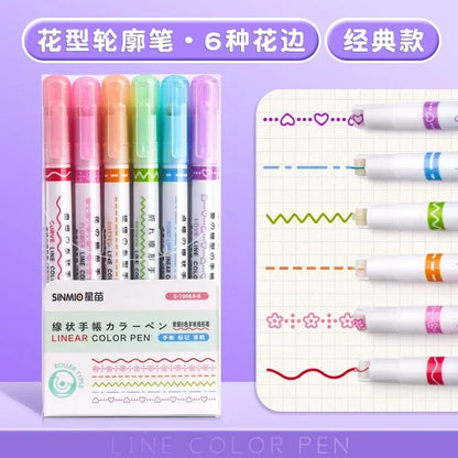 6 PCS Kawaii Flowers Line Shaped Highlighter Pens Roller Tip Curve Liner Marker for Writing Journaling Drawing Stationery