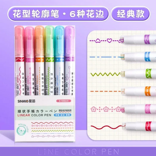 6 PCS Kawaii Flowers Line Shaped Highlighter Pens Roller Tip Curve Liner Marker for Writing Journaling Drawing Stationery
