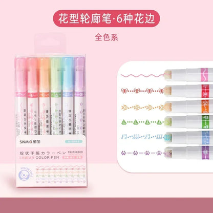 6 PCS Kawaii Flowers Line Shaped Highlighter Pens Roller Tip Curve Liner Marker for Writing Journaling Drawing Stationery