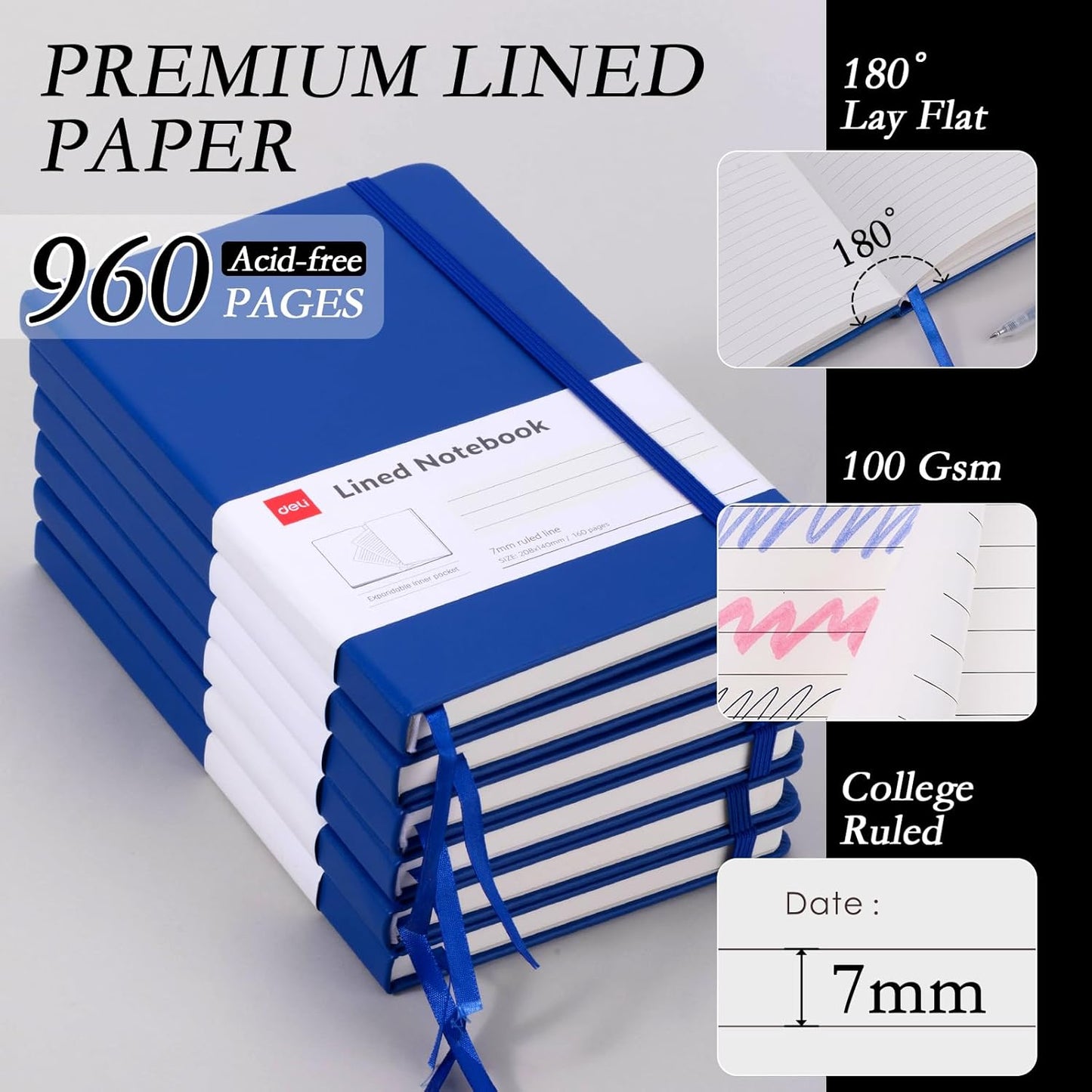 6 Pack Blue Lined Journal Notebook for Work, Moleskine Notebooks, A5 (5.5"X8.3"), 160 Pages Hardcover Journaling Notebooks, Blue College Ruled Notebooks for Notes-Taking/Work/Travel