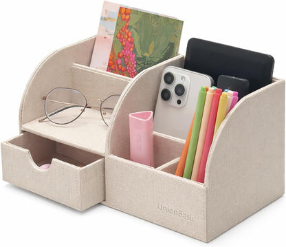 Desk Organizer - Multifunctional Leather Desktop Pen Holder Storage Box - Business Card/Pen/Pencil/Mobile Phone/Stationery Holder, Beige