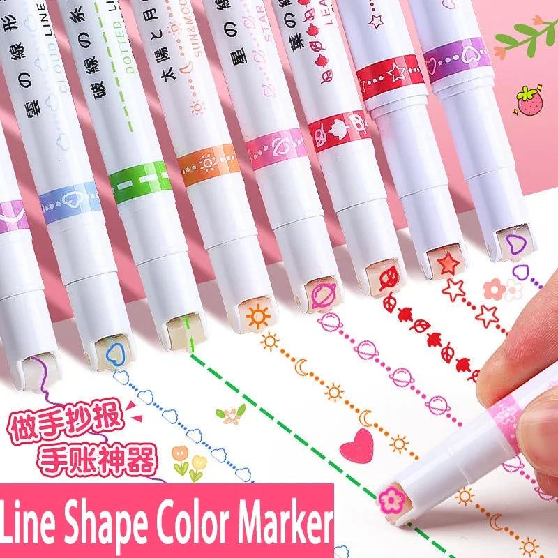 6 PCS Kawaii Flowers Line Shaped Highlighter Pens Roller Tip Curve Liner Marker for Writing Journaling Drawing Stationery