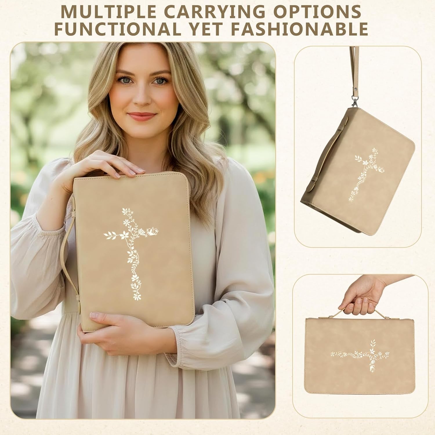 Large Bible Cover Case for Women, PU Leather Bible Bag with Zipper & Handle, Includes Bible Study Supplies, Highlighters and Tabs, Christian Gift for Women, Girls, Teens (Beige/Gold)
