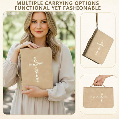 Large Bible Cover Case for Women, PU Leather Bible Bag with Zipper & Handle, Includes Bible Study Supplies, Highlighters and Tabs, Christian Gift for Women, Girls, Teens (Beige/Gold)