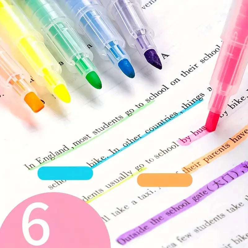 6Colors Dual-Ended Marker Highlighters, for Students Study Noting, School Stationery Supplies.