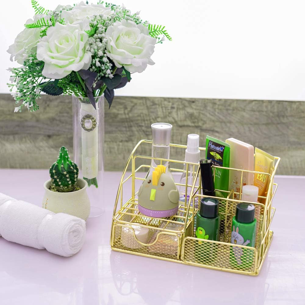 Gold Desk Organizer, Mesh Office Supplies Desk Accessories, Features 5 Compartments + 1 Mini Sliding Drawer