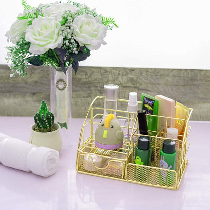 Gold Desk Organizer, Mesh Office Supplies Desk Accessories, Features 5 Compartments + 1 Mini Sliding Drawer