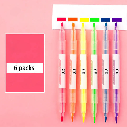 6Colors Dual-Ended Marker Highlighters, for Students Study Noting, School Stationery Supplies.