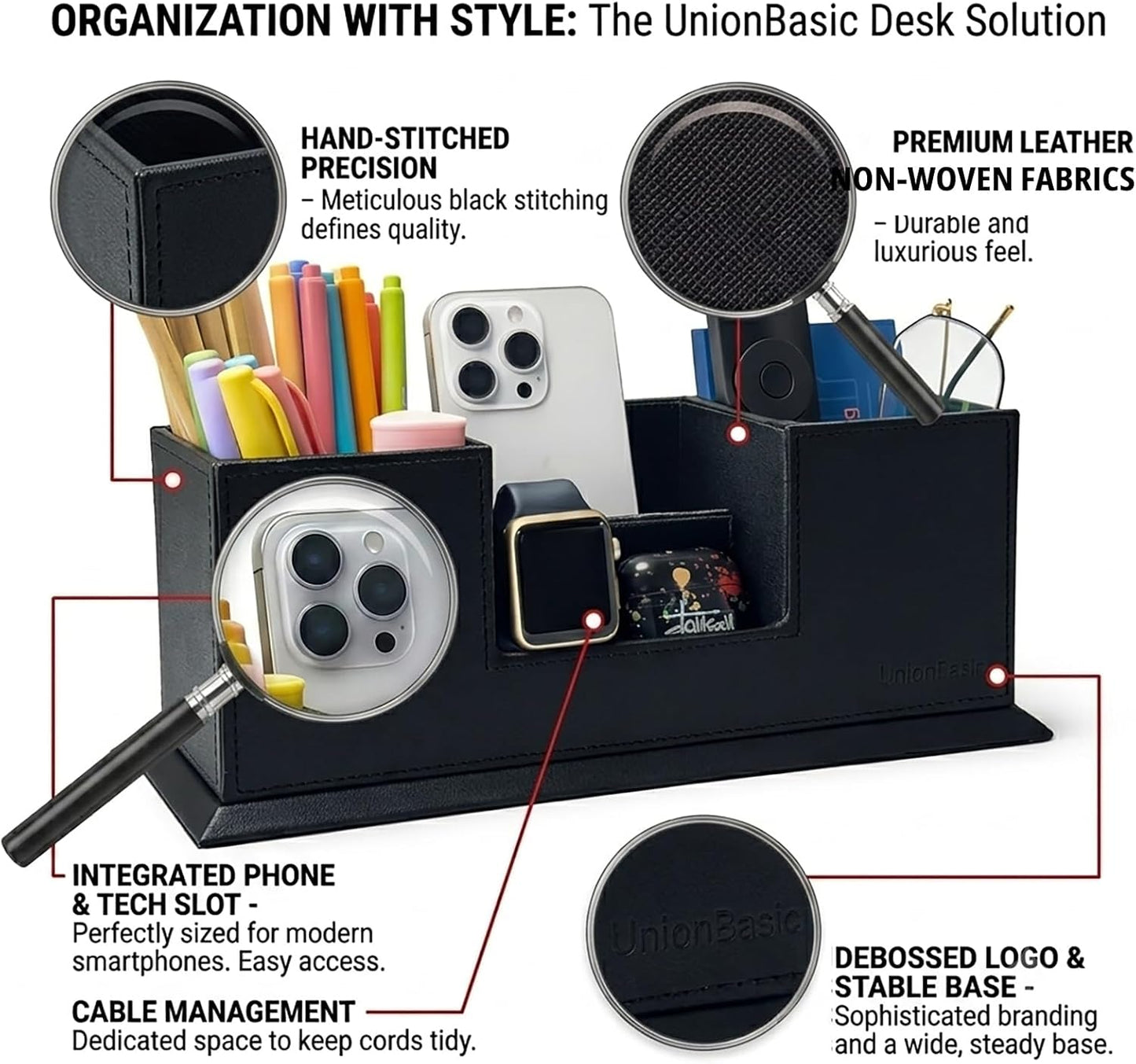 Desk Organizer, Desktop Caddy Leather Multi-Compartment Pen Holder Office Stationer Organizer, Black