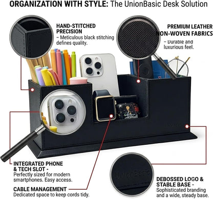 Desk Organizer, Desktop Caddy Leather Multi-Compartment Pen Holder Office Stationer Organizer, Black