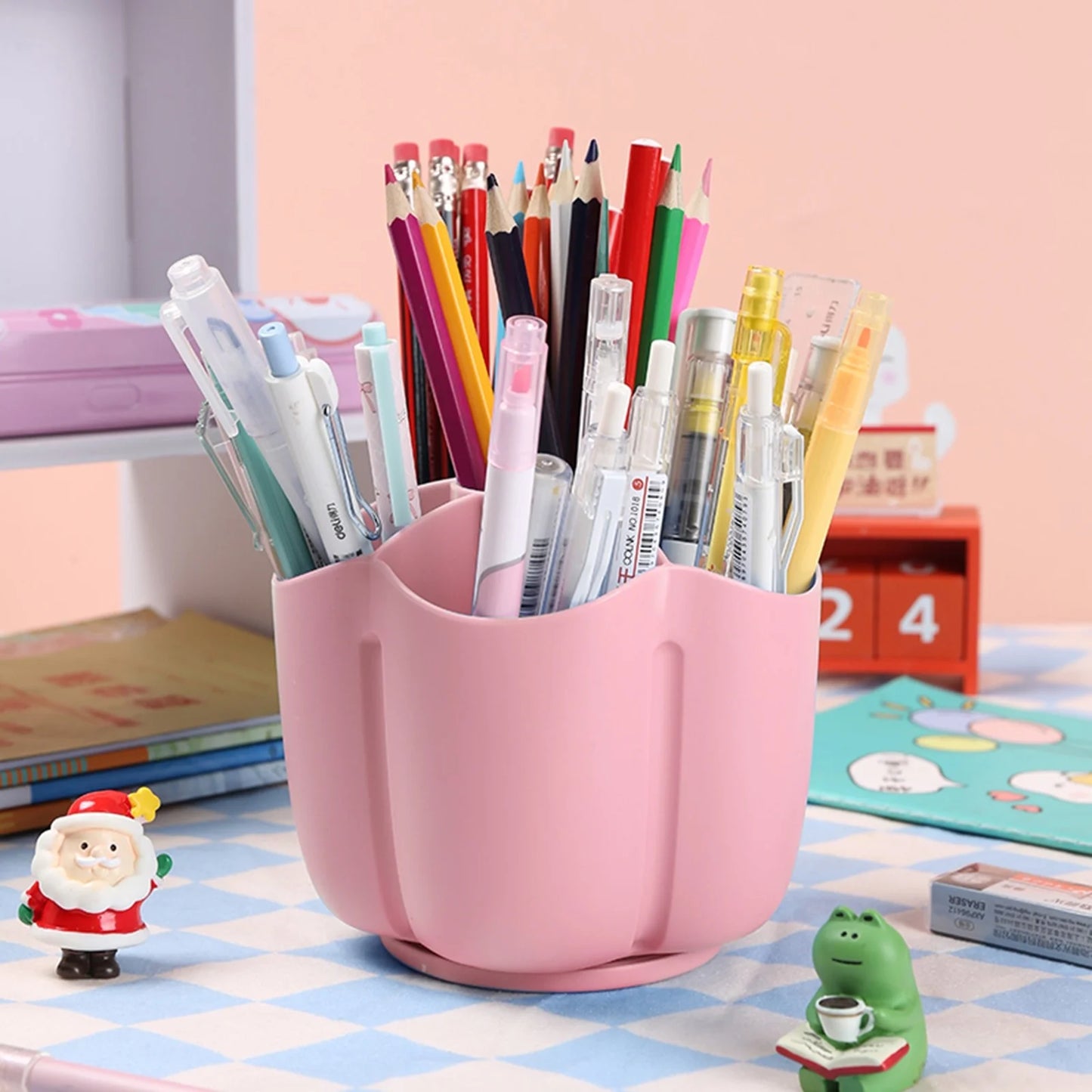 Pencil Pen Holder for Desk, 6 Slots Desktop Organizer, Cute Pen Organizers Stationery Supplies for Office Home & Art Supply(Pink)
