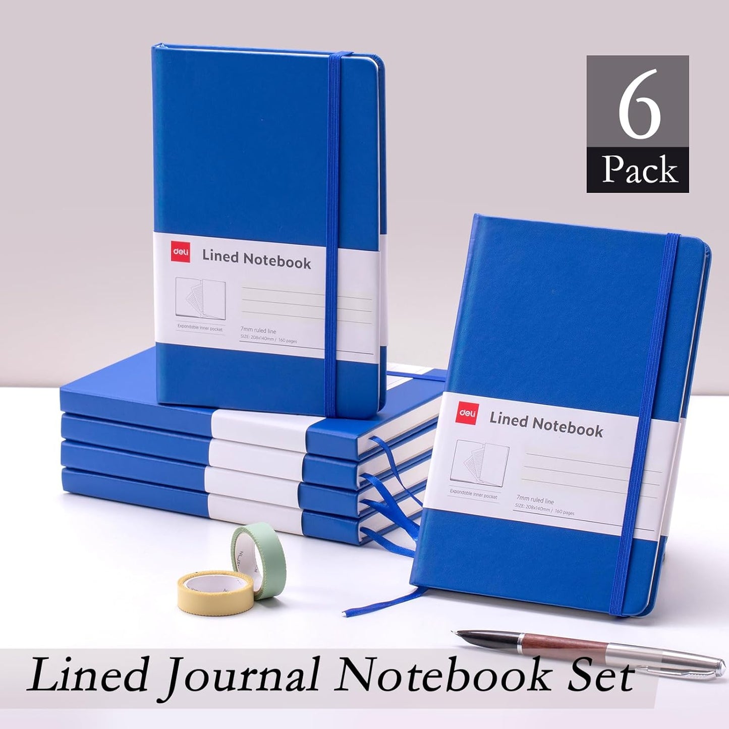 6 Pack Blue Lined Journal Notebook for Work, Moleskine Notebooks, A5 (5.5"X8.3"), 160 Pages Hardcover Journaling Notebooks, Blue College Ruled Notebooks for Notes-Taking/Work/Travel