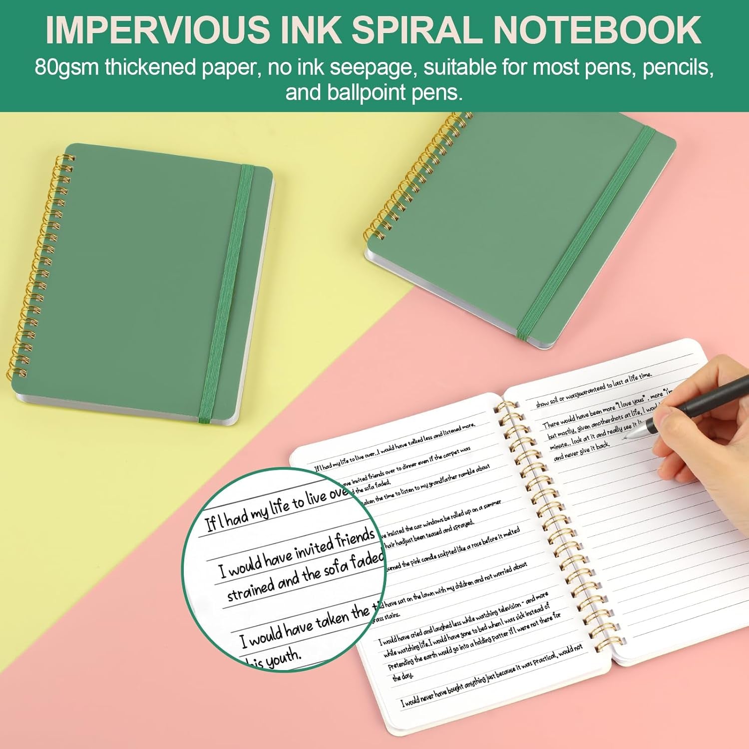 3 PCS Small Spiral Notebook 5X7, Notebooks for Note Taking, Green Spiral Journal Notebook, Work Notebook Small Notebooks 5X7 with Strap, Cute Notebooks for Women 70 Sheets/Note Books