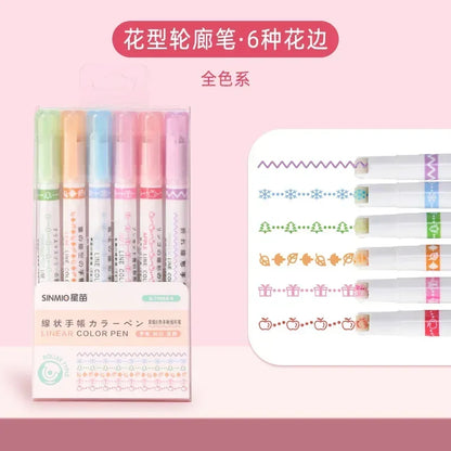6 PCS Kawaii Flowers Line Shaped Highlighter Pens Roller Tip Curve Liner Marker for Writing Journaling Drawing Stationery