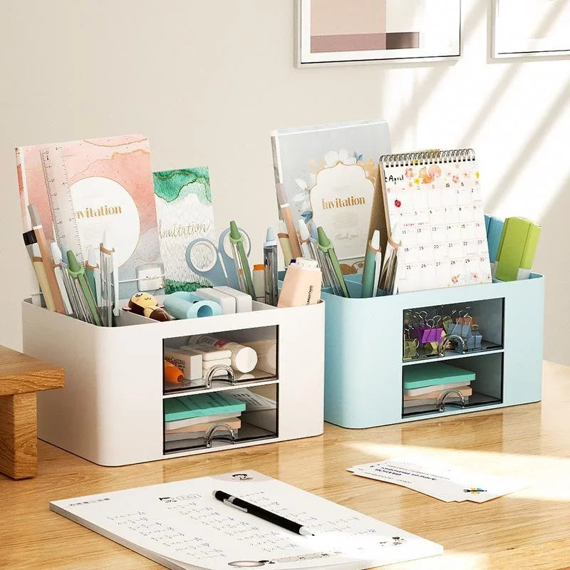 Creative Transparent Drawer Storage Box Desktop Cosmetics Organizer Student Pen Holder School Office Stationery Supplies