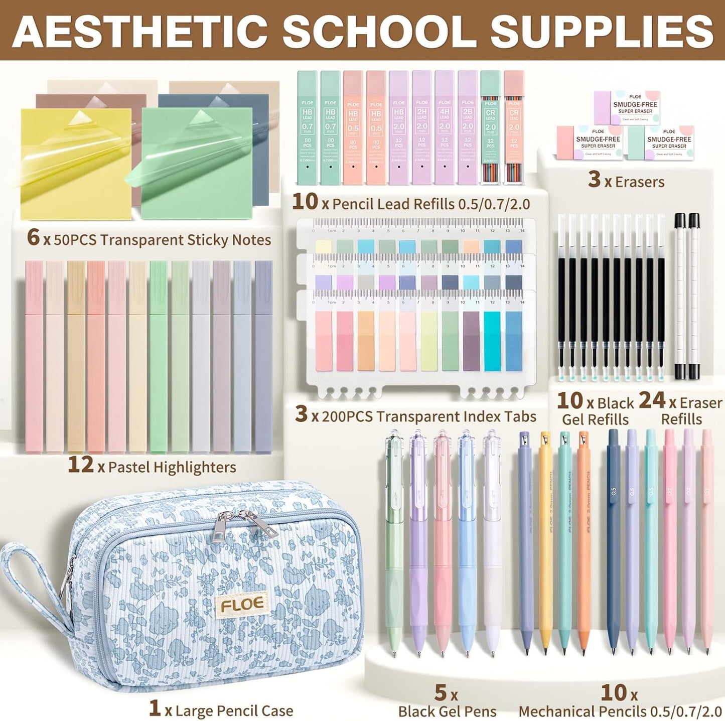 62PCS Aesthetic School Supplies, Cute Back to School Supplies College Essentials Preppy Stationary Set with Large Pencil Pouch Case, Pastel Highlighters Gel Pens Mechanical Pencils for Student Girls
