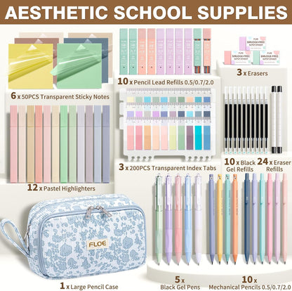 62PCS Aesthetic School Supplies, Cute Back to School Supplies College Essentials Preppy Stationary Set with Large Pencil Pouch Case, Pastel Highlighters Gel Pens Mechanical Pencils for Student Girls